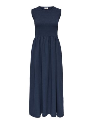 Námořnicky modré midi šaty bez rukávů s texturovaným živůtkem a nařasenou sukní, kulatý výstřih, ležérní styl.
