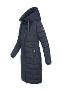 Navy puffer coat with a high collar, featuring a zip closure and side pockets. Textured quilted design and adjustable hood with drawstrings.