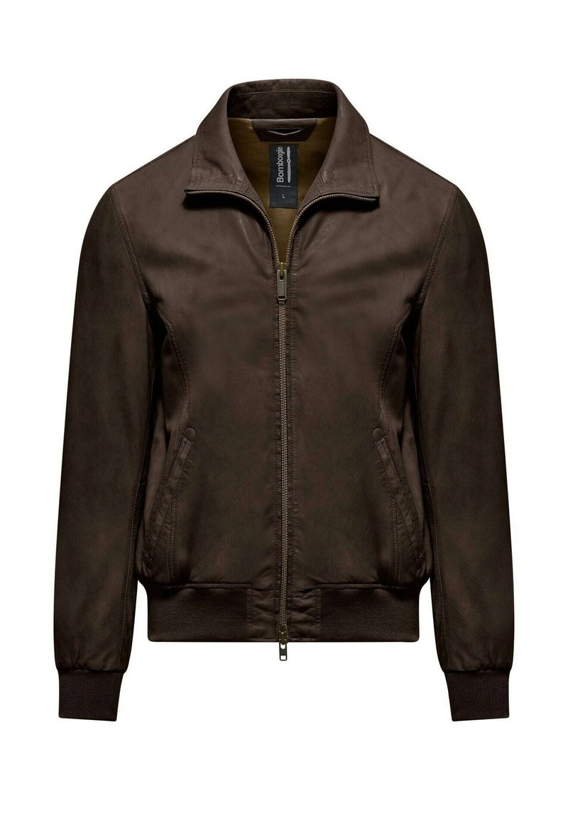 Giubbotto bomber marrone con chiusura a zip, due tasche laterali, polsini a coste e una texture liscia. Presenta un design del collo classico.