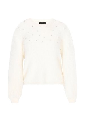 Hvid, fluffy sweater med rund hals, prydet med spredte sølvfarvede rhinsten på fronten. Lange ærmer og kortet kant. Blød tekstur.