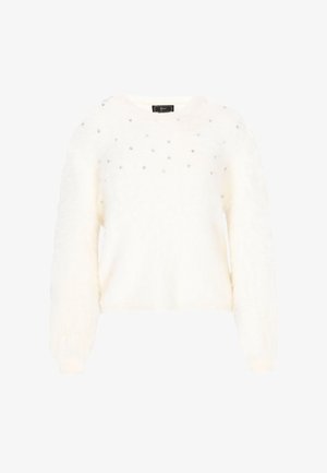 Bílý huňatý svetr s kulatým výstřihem, zdobený rozsetými stříbrnými rhinestony na přední straně. Dlouhé rukávy a zkrácený lem. Měkká textura.