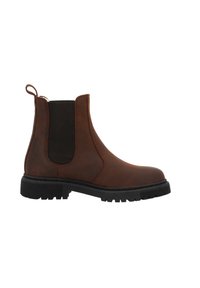 Brązowy skórzany but Chelsea z czarnym elastycznym panelem bocznym, okrągłym noskiem i grubą czarną gumową podeszwą dla lepszej przyczepności.