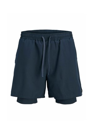 Shorts de sport bleu marine avec taille élastique et cordons à l'avant, dotés d'un design à double couche avec des shorts de compression intégrés.