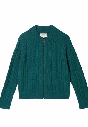 Grüner Strickcardigan mit strukturiertem Zopfmuster, rundem Ausschnitt, Reißverschluss und langen Ärmeln. Rippenbündchen und Saum.