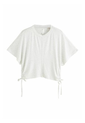 Jasnoszary krótki t-shirt wykonany z miękkiego materiału, z okrągłym dekoltem, szerokimi rękawami oraz regulowanymi wiązaniami po bokach.