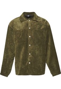 Olive green corduroy jacket with a pointed collar, front buttons, and two chest pockets. Texture is plush, with visible vertical ribbing.