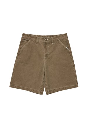 Brązowe bawełniane szorty o luźnym kroju, z przednimi kieszeniami i kieszenią boczną. Kontrastowe przeszycia dodają szczegółów do projektu.