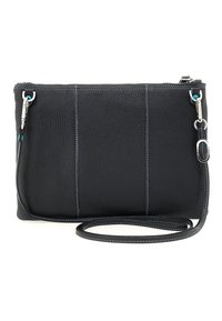 Borsa a tracolla in pelle nera con superficie strutturata, caratterizzata da cuciture azzurre contrastanti, chiusura con zip e tracolla removibile.