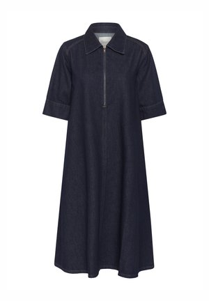 Granatowa sukienka midi z denimu z półdługimi rękawami, kołnierzem i przodem zapinanym na zamek, luźna sylwetka w kształcie litery A.