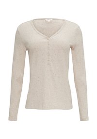 Langärmliges, hellbeiges Henley-Shirt mit dezentem gepunktetem Muster, V-Ausschnitt und vier Knöpfen an der Vorderseite. Weiche gerippte Textur.