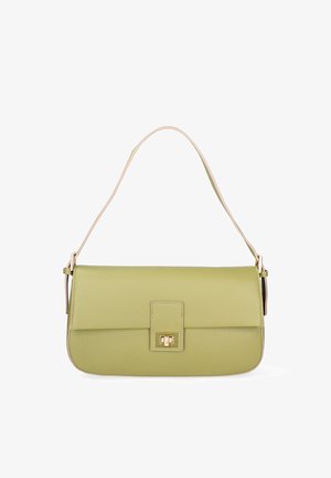 Green leather handbag with a smooth texture, rectangular shape, gold hardware, and a beige shoulder strap. Features a flap closure.