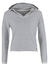 Maglietta a maniche lunghe con cappuccio, a righe orizzontali bianche e blu navy, con colletto a V, realizzata in tessuto a coste.