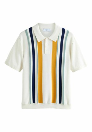Kremowa koszulka polo z krótkim rękawem i kołnierzykiem, ozdobiona pionowymi paskami w kolorach musztardowym, granatowym i jasnozielonym z przodu.