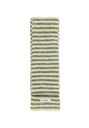Folded knitted scarf with horizontal gray and pale yellow stripes and a small white label sewn near the edge.