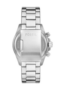 Montre en acier inoxydable argenté avec un bracelet en métal, dotée d'une finition brossée, d'un boîtier arrondi et d'un logo de marque gravé sur le fermoir.