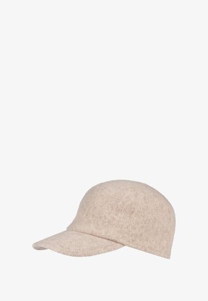 Beige felt cap with a rounded crown and a stiff, curved brim. The material has a soft, textured appearance, ideal for casual wear.