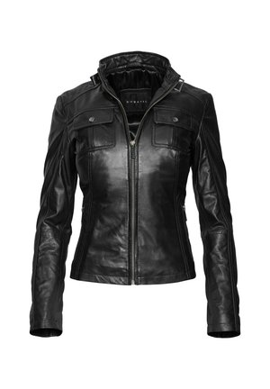 Zwart leren jack met ritssluiting, hoge kraag en twee voorzakken. Heeft een gladde textuur en een aansluitend ontwerp. Accentuerende stiknaden zichtbaar.