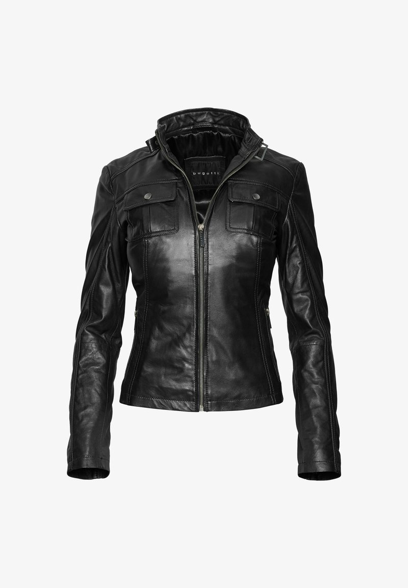 Černá kožená bunda se zipovým uzávěrem, vysokým límcem a dvěma předními kapsami. Vyznačuje se hladkou texturou a přiléhavým střihem. Viditelné kontrastní stehy.