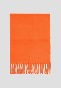 Écharpe en laine orange avec des bords frangés, présentant une texture lisse et une forme rectangulaire. Convient pour la chaleur et le style.