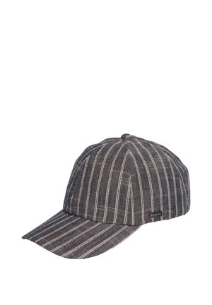 Dark gray baseball cap with thin white vertical stripes and a small black label on the side.