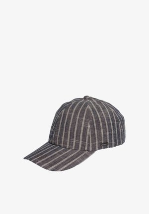 Dark gray baseball cap with thin white vertical stripes and a small black label on the side.