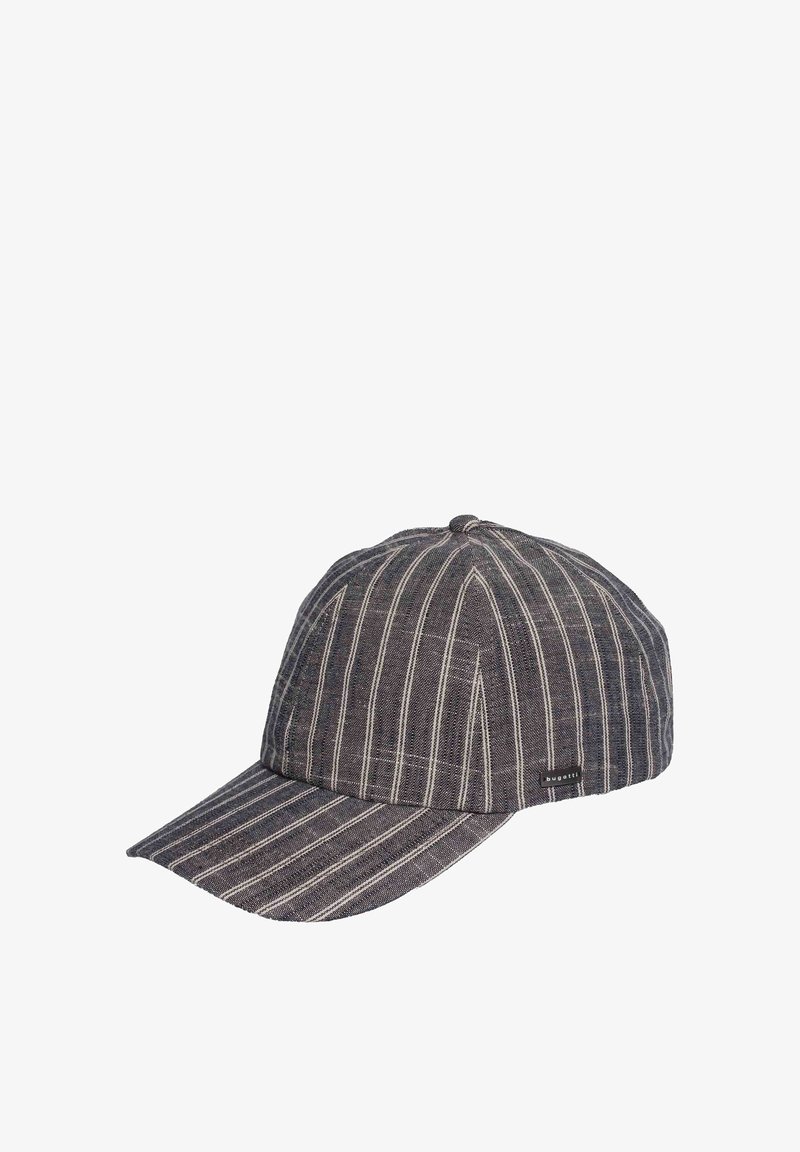 Casquette de baseball gris foncé avec de fines rayures blanches verticales et une petite étiquette noire sur le côté.