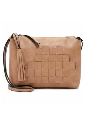 Tan leather crossbody bag with woven square pattern, long strap, tassel detail, and zipper closure.