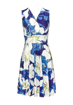 Blumenkleid mit einem tiefen V-Ausschnitt, ärmellosem Design, weißem Stoff mit blauen und grünen Blumenmustern und einer taillierten Passform.