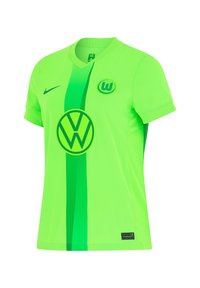 Grünes Nike-Trikot mit V-Ausschnitt, kurzen Ärmeln und einem auffälligen Volkswagen-Logo in der Mitte der Vorderseite, mit einem Farbverlauf-Streifenmuster.