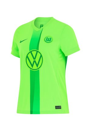 Grünes Nike-Trikot mit V-Ausschnitt, kurzen Ärmeln und einem auffälligen Volkswagen-Logo in der Mitte der Vorderseite, mit einem Farbverlauf-Streifenmuster.