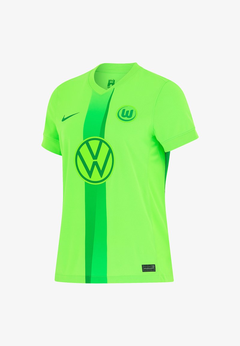 Groene Nike-trui met V-hals, korte mouwen en een prominent Volkswagen-logo centraal op de voorkant, met een gradient streepdesign.