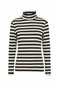 Black and white striped turtleneck top with long sleeves, made of ribbed fabric. Features a high neck and a fitted design.