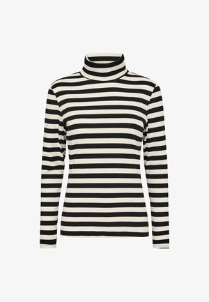 Musta-valkoinen raidallinen poolopaita pitkillä hihoilla, joka on valmistettu ribbidistä kankaasta. Siinä on korkea kaulus ja kapea malli.