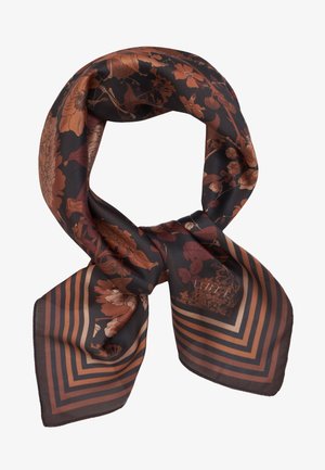 Šilkinis šalikas, puošnus gėlių raštais rudos ir smėlio spalvos ant tamsaus fono, su geometriniu dryžiuotu kraštu, panašių spalvų.