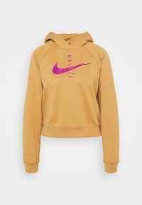 Mikina s kapucí Nike v oranžovo-hnědé fleecové tkanině. Obsahuje růžový potisk loga na hrudi, ribbované manžety a zkrácený design.