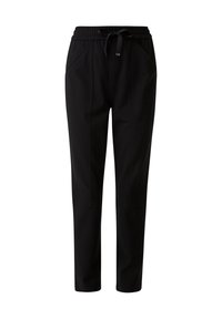 Black jogger pants made from a soft fabric with an elastic waistband, drawstring, and side pockets featured in a tapered design.