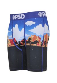 Bokserki męskie z nadrukiem gradientowego niebieskiego i pustynnego krajobrazu, czarna baza, fioletowa gumka w talii oraz kontrastowe przeszycia.