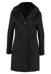 Zwarte jas met een nepbontkraag, lange mouwen, enkel-breasted ontwerp, vier knopen aan de voorkant en twee grote zakken aan de voorkant. Soepele textuur.