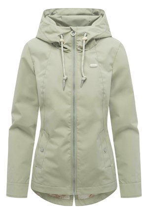 Hellgrüne Kapuzenjacke mit durchgehendem Reißverschluss, verstellbaren Kordelzügen, Druckknopf-Seitentaschen und abgerundetem Saum.