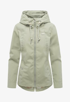 Jasnozielona kurtka z kapturem, zapinana na zamek błyskawiczny z przodu, z regulowanymi troczkami, kieszeniami bocznymi na zatrzaski i zaokrąglonym dołem.