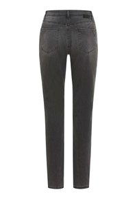 Jean slim gris foncé vu de dos avec deux poches arrière et des passants de ceinture à la taille.