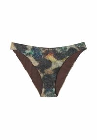 Bikiny s vícebarevným abstraktním vzorem a pevným hnědým okrajem, vyrobené z měkké a elastické tkaniny. Obdélníkový tvar s nízkým pasem.