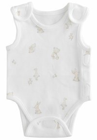 Hvid babybodystocking med beige dyreprint, herunder kaniner, bjørne og ænder, med skulder- og sidesnap-lukninger.