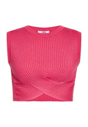 Top corto a coste di un brillante colore rosa, con scollatura rotonda e un design incrociato unico sul davanti. Tessuto elasticizzato con una texture liscia.
