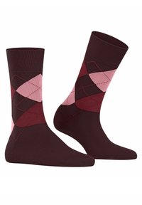Burgundy socks featuring a geometric argyle pattern in varying shades of pink and red, made from a smooth, stretchy material.