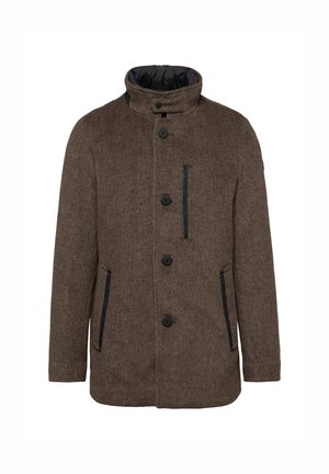 Brauner Fischgrätmantel mit hohem Kragen, fünf vorderen Knöpfen und zwei seitlichen Taschen. Schwarze Akzente an den Taschen und dem Innenfutter.