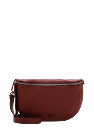 Red leather crossbody bag with a rounded design, silver zipper closure, and adjustable strap. Embossed logo on the front.