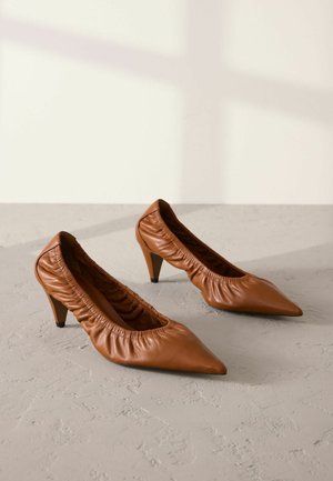 Pruunid nahast kõrge kontsaga kingad terava nina, elastne kogumine ääres ja peen konts, neutraalse tausta taustal.