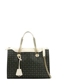 Borsa in pelle nera con dettagli in oro, una parte superiore bianca, manico a catena e un esterno con motivo a fantasia che presenta un design del logo ripetuto.