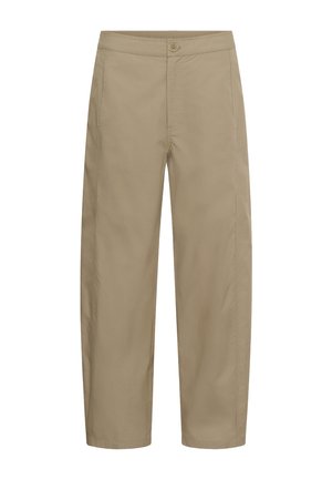 Pantalones beige de pierna recta con cierre de botón y cremallera, bolsillos delanteros y detalle de costuras simples.